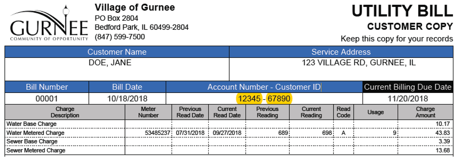 Picture of current water bill with account number and customer ID highlighted to show location on bill.